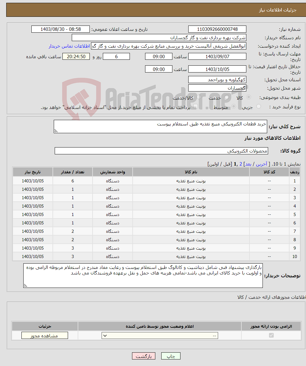 تصویر کوچک آگهی نیاز انتخاب تامین کننده-خرید قطعات الکترونیکی منبع تغذیه طبق استعلام پیوست