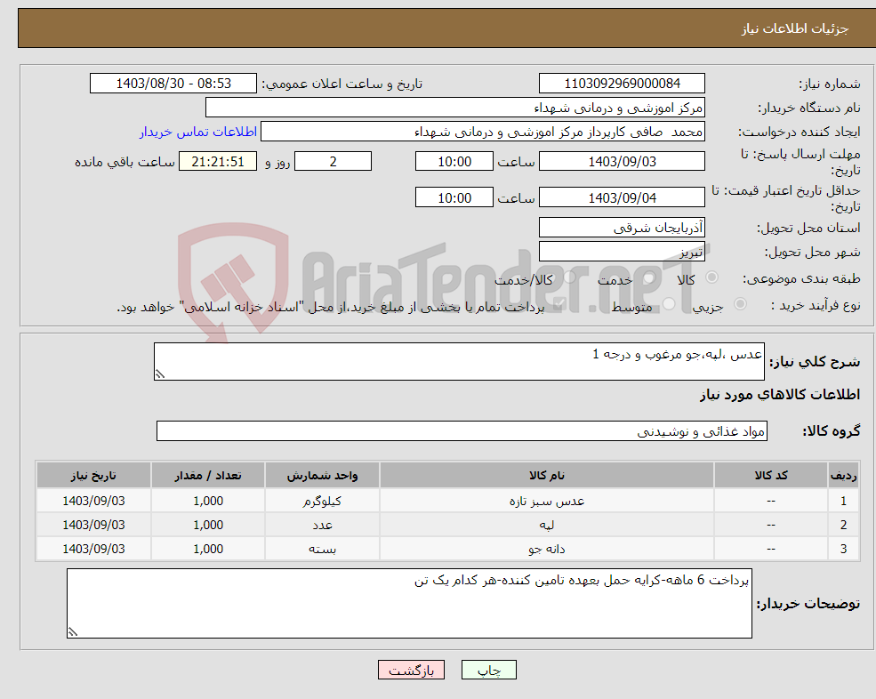 تصویر کوچک آگهی نیاز انتخاب تامین کننده-عدس ،لپه،جو مرغوب و درجه 1
