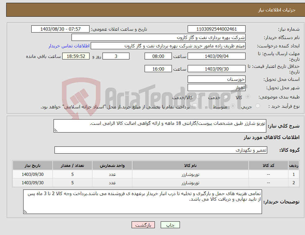 تصویر کوچک آگهی نیاز انتخاب تامین کننده-توربو شارژر طبق مشخصات پیوست/گارانتی 18 ماهه و ارائه گواهی اصالت کالا الزامی است.