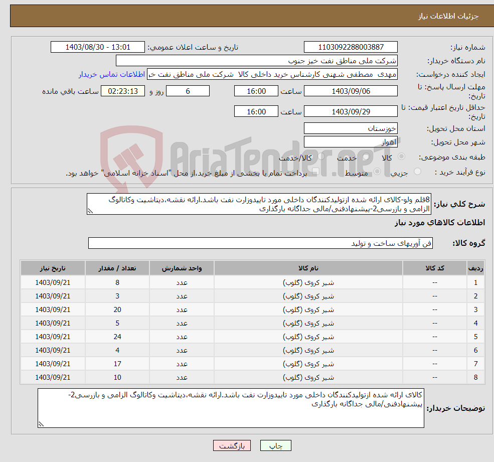 تصویر کوچک آگهی نیاز انتخاب تامین کننده-8قلم ولو-کالای ارائه شده ازتولیدکنندگان داخلی مورد تاییدوزارت نفت باشد.ارائه نقشه،دیتاشیت وکاتالوگ الزامی و بازرسی2-پیشنهادفنی/مالی جداگانه بارگذاری