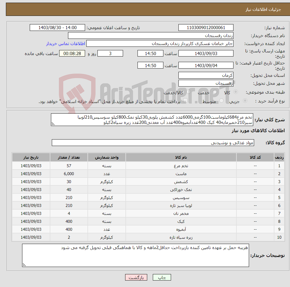 تصویر کوچک آگهی نیاز انتخاب تامین کننده-تخم مرغ684کیلوماست100گرمی6000عدد کشمش پلویی30کیلو نمک800کیلو سوسیس210لوبیا سبز210خمیرمایه40 کیک 400عددآبمیوه400عدد آب معدنی200عدد زیره سیاه2کیلو