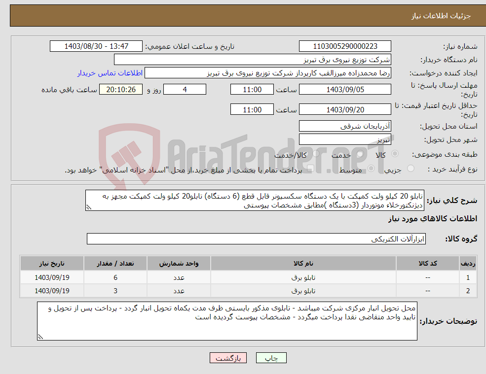تصویر کوچک آگهی نیاز انتخاب تامین کننده-تابلو 20 کیلو ولت کمپکت با یک دستگاه سکسیونر قابل قطع (6 دستگاه) تابلو20 کیلو ولت کمپکت مجهز به دیژنکتورخلاء موتوردار (3دستگاه )مطابق مشخصات پیوستی