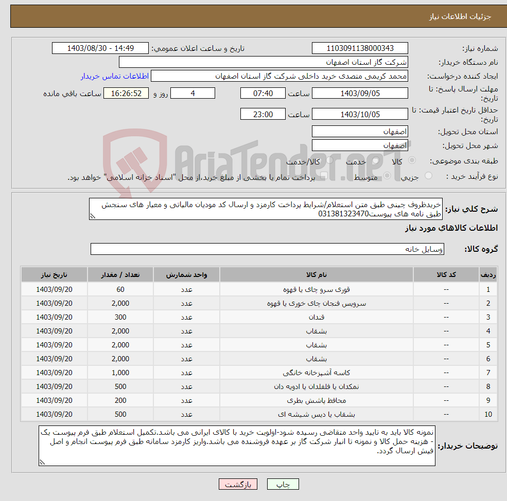 تصویر کوچک آگهی نیاز انتخاب تامین کننده-خریدظروف چینی طبق متن استعلام/شرایط پرداخت کارمزد و ارسال کد مودیان مالیاتی و معیار های سنجش طبق نامه های پیوست031381323470