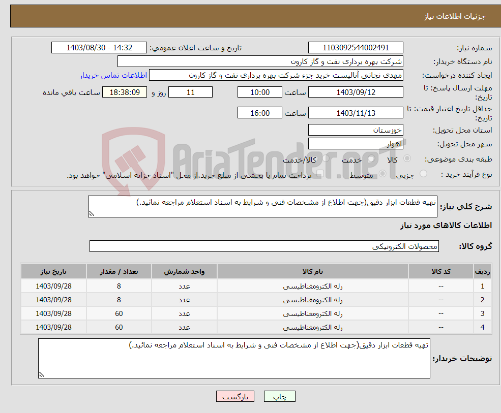 تصویر کوچک آگهی نیاز انتخاب تامین کننده-تهیه قطعات ابزار دقیق(جهت اطلاع از مشخصات فنی و شرایط به اسناد استعلام مراجعه نمائید.)
