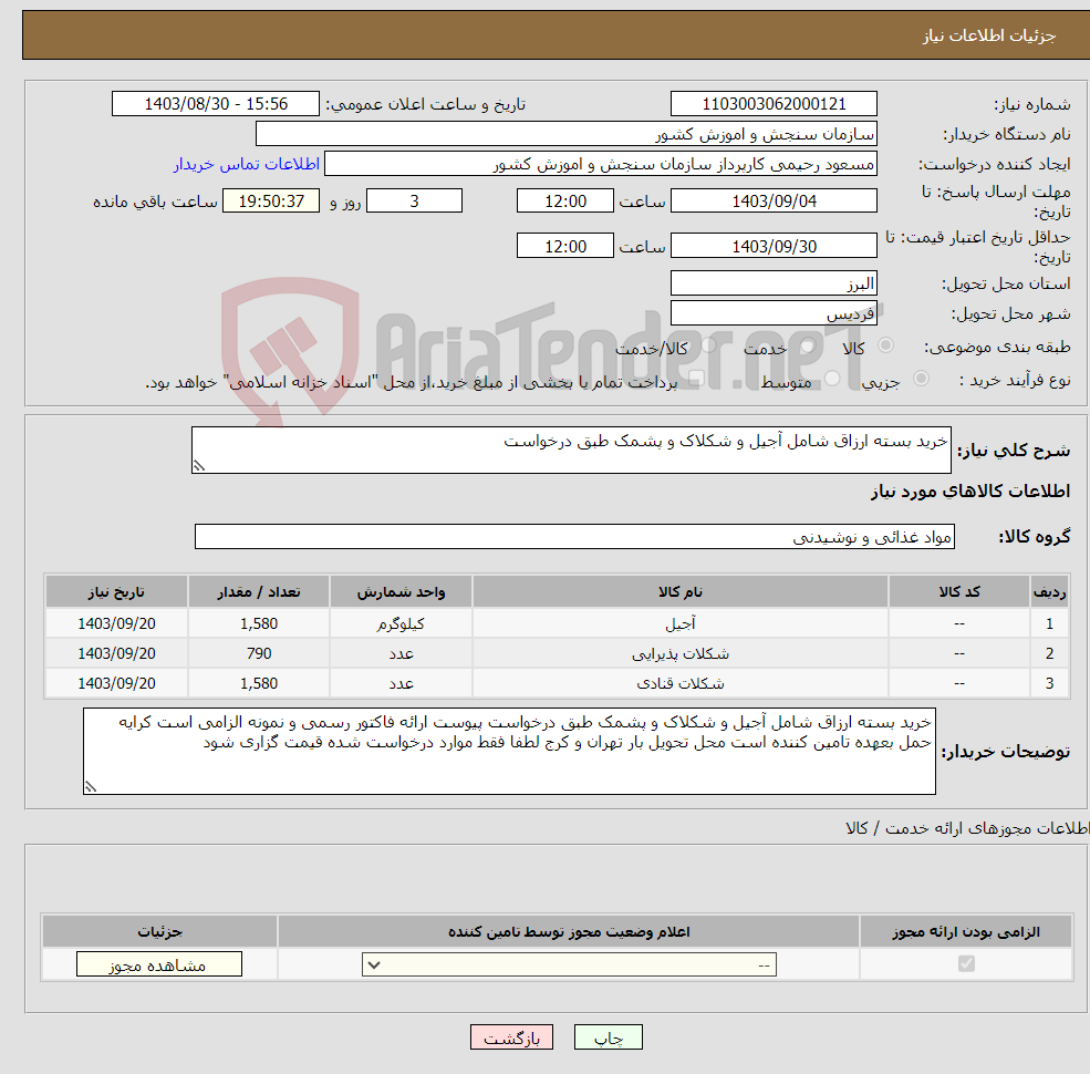 تصویر کوچک آگهی نیاز انتخاب تامین کننده-خرید بسته ارزاق شامل آجیل و شکلاک و پشمک طبق درخواست 