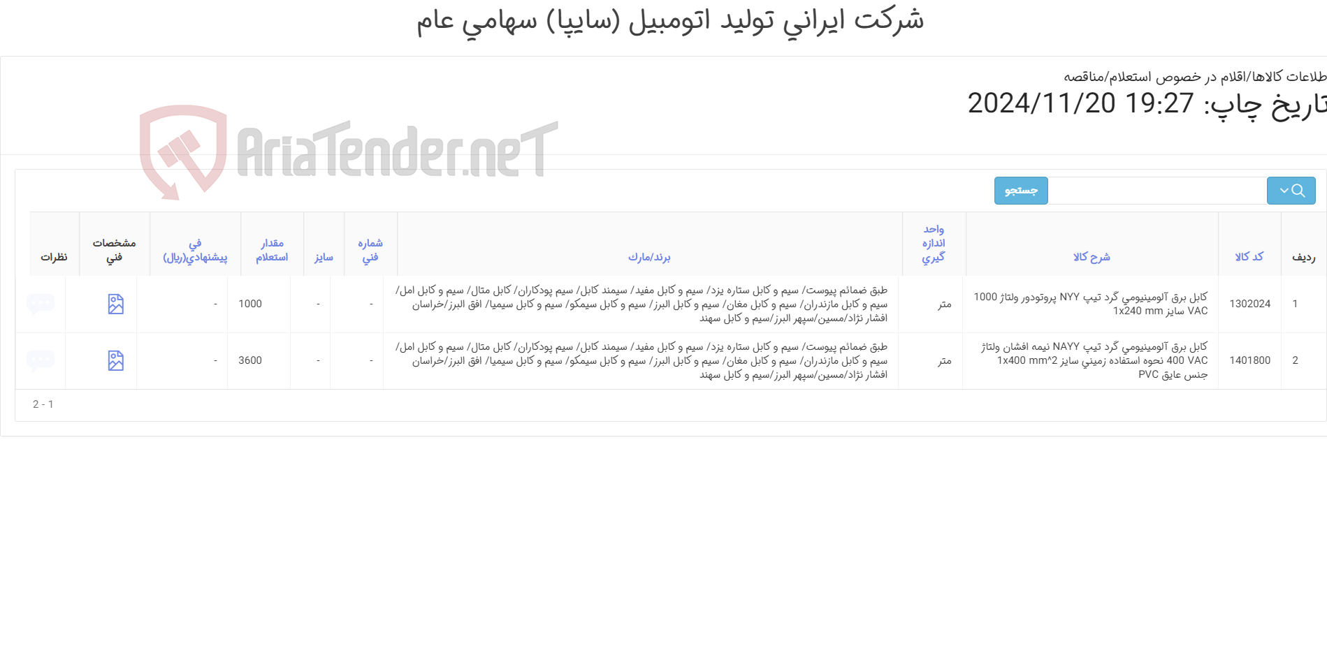تصویر کوچک آگهی 2آیتم کابل برق آلومینیومی (طبق ضمائم پیوست