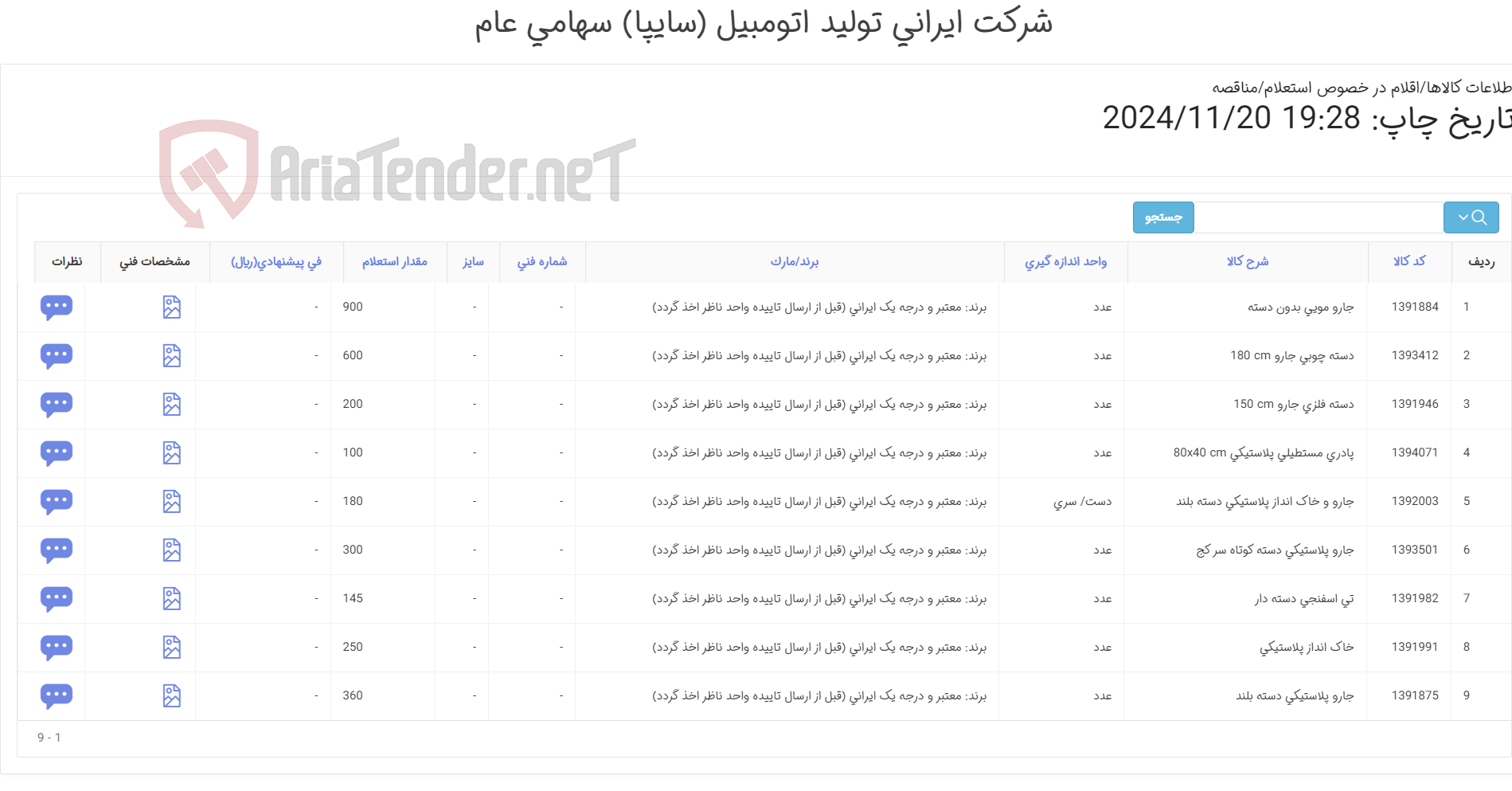 تصویر کوچک آگهی 9 ردیف ابزار (وسایل) جهت نظافت عمومی