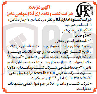تصویر کوچک آگهی فروش تعدادی دام شامل ک
گوساله نر شیرخوار 
گاو  حذفی 
تلیسه غیر آستن حذفی 
و...