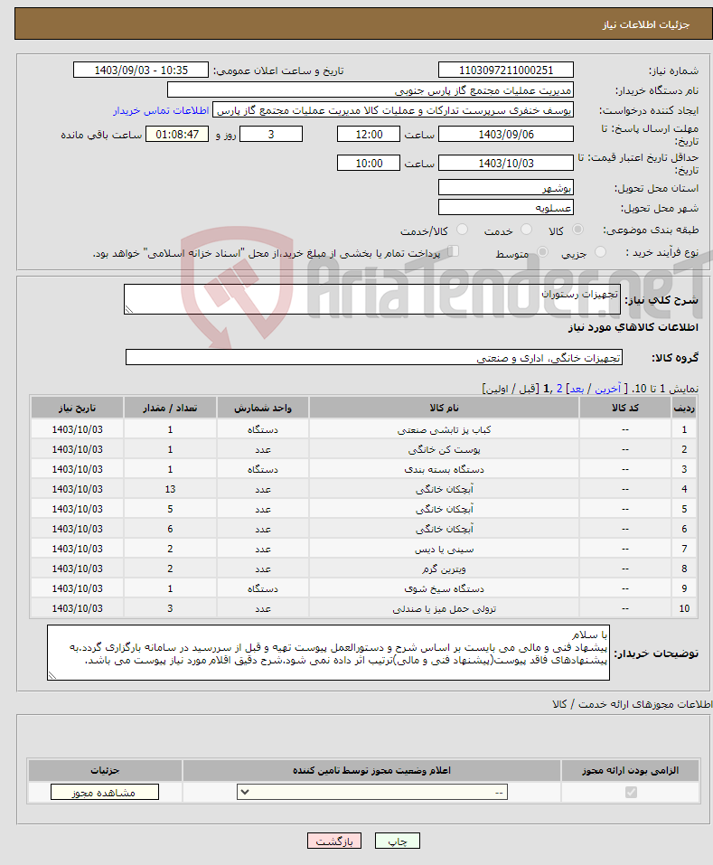 تصویر کوچک آگهی نیاز انتخاب تامین کننده-تجهیزات رستوران