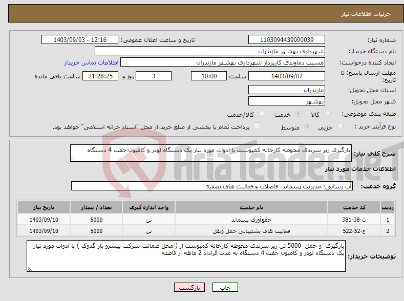 تصویر کوچک آگهی نیاز انتخاب تامین کننده-بارگیری زیر سرندی محوطه کارخانه کمپوست با ادوات مورد نیاز یک دستگاه لودر و کامیون جفت 4 دستگاه 