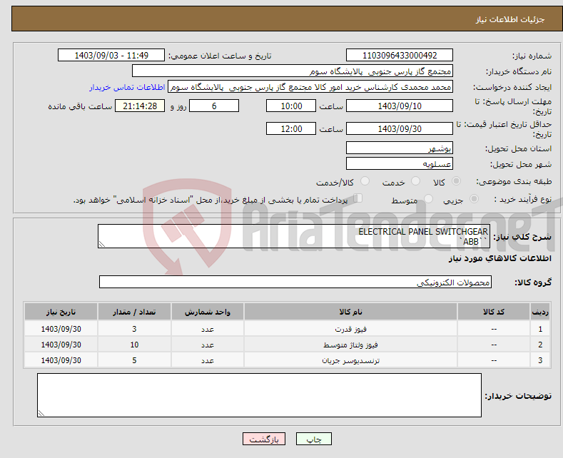 تصویر کوچک آگهی نیاز انتخاب تامین کننده-ELECTRICAL PANEL SWITCHGEAR ``ABB`