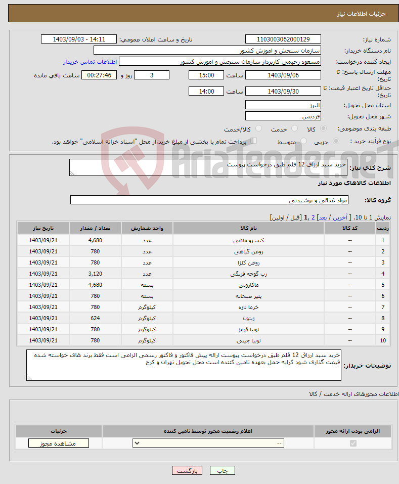 تصویر کوچک آگهی نیاز انتخاب تامین کننده-خرید سبد ارزاق 12 قلم طبق درخواست پیوست 