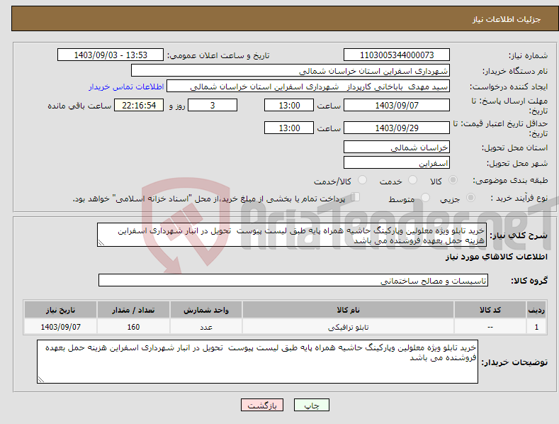 تصویر کوچک آگهی نیاز انتخاب تامین کننده-خرید تابلو ویژه معلولین وپارکینگ حاشیه همراه پایه طبق لیست پیوست تحویل در انبار شهرداری اسفراین هزینه حمل بعهده فروشنده می باشد