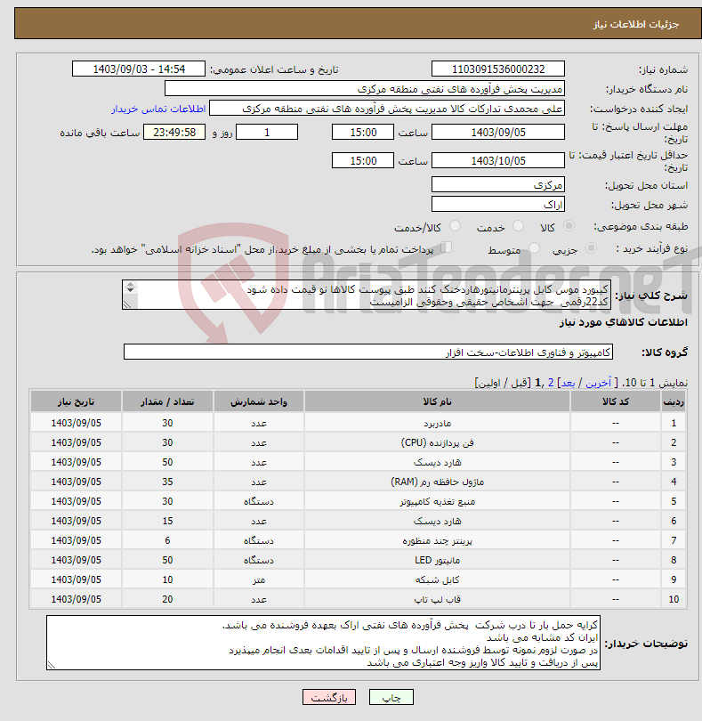 تصویر کوچک آگهی نیاز انتخاب تامین کننده-کیبورد موس کابل پرینترمانیتورهاردخنک کنند طبق پیوست کالاها نو قیمت داده شود کد22رقمی جهت اشخاص حقیقی وحقوقی الزامیست مهلت تامین سه روزه است