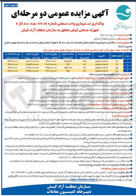 تصویر کوچک آگهی واگذاری استیجاری واحدهای صنعتی شماره ۱۹-۷۹-۸۵-۸۸ فاز ۶ شهرک صنعتی کیش