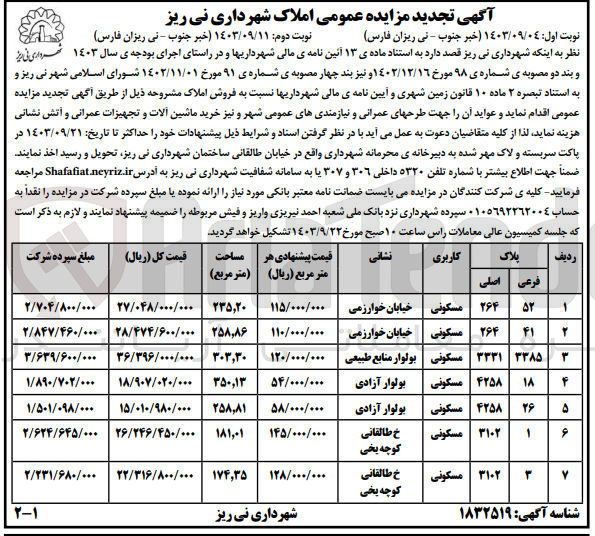 تصویر کوچک آگهی فروش املاک در 7 ردیف با کاربری مسکونی در پلاک های :
52 فرعی از 264 اصلی
41 فرعی از 264 اصلی
3385 فرعی از 3331 اصلی
18 فرعی از 4258 اصلی
26 فرعی از 4258 اصلی
1 فرعی از 3102 اصلی
3 فرعی از 3102 اصلی