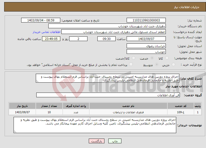 تصویر کوچک آگهی نیاز انتخاب تامین کننده-اجرای پروژه دوربین های مداربسته امنیتی در سطح روستای جنت آباد براساس فرم استعلام بهای پیوست و طبق نظریه و جانمایی فرماندهی انتظامی-پلیس پیشگیری