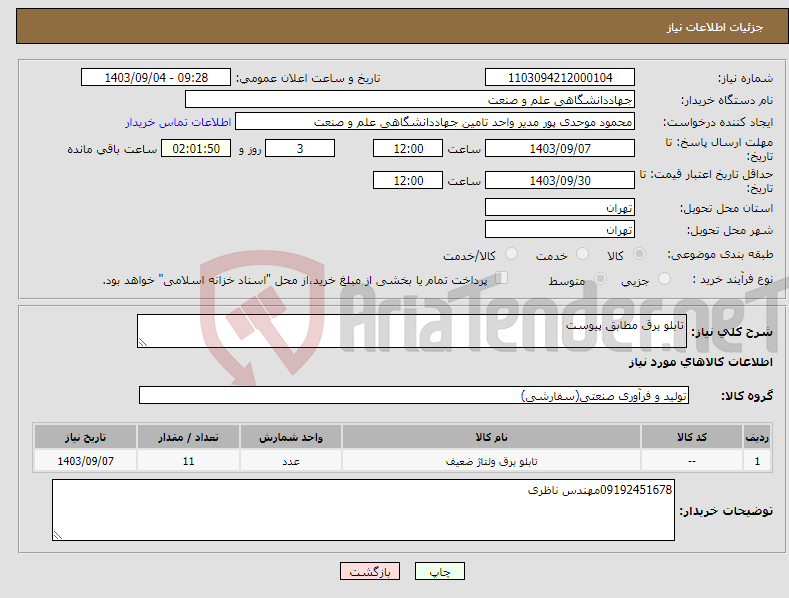 تصویر کوچک آگهی نیاز انتخاب تامین کننده-تابلو برق مطابق پیوست