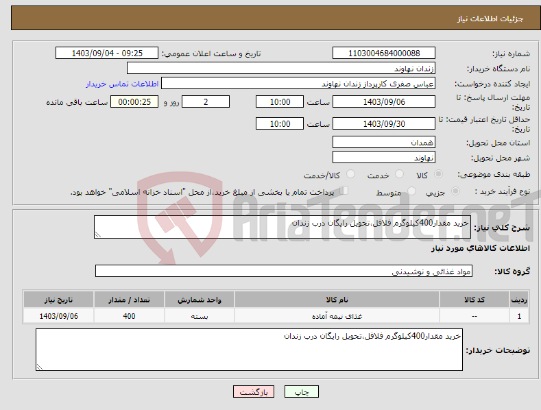 تصویر کوچک آگهی نیاز انتخاب تامین کننده-خرید مقدار400کیلوگرم فلافل،تحویل رایگان درب زندان