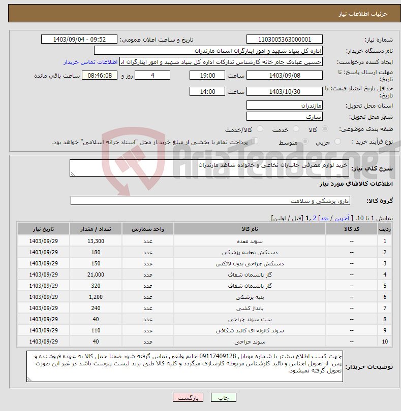 تصویر کوچک آگهی نیاز انتخاب تامین کننده-خرید لوازم مصرفی جانبازان نخاعی و خانواده شاهد مازندران