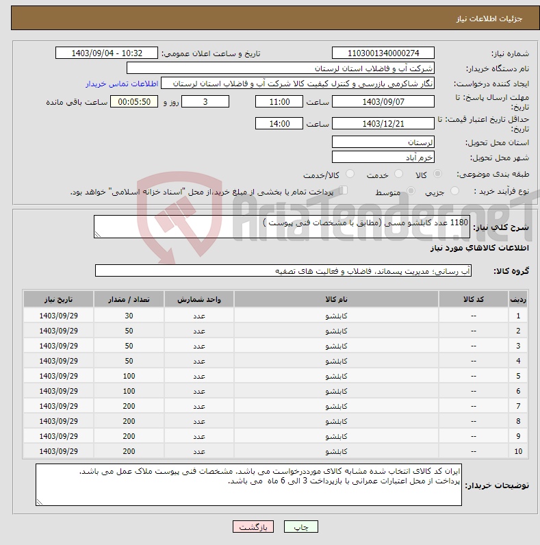 تصویر کوچک آگهی نیاز انتخاب تامین کننده-1180 عدد کابلشو مسی (مطابق با مشخصات فنی پیوست ) 