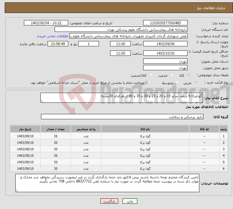 تصویر کوچک آگهی نیاز انتخاب تامین کننده-گوتاپرکا 6 درصد سایز 15 و 20 و 25 و 30 و 35 و 40 از هرکدام 30بسته