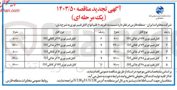 تصویر کوچک آگهی خرید ۱۰ قلم انواع کابل فیبر نوری :
کابل فیبر نوری ۱۴۴ گر خاکی SM
کابل فیبر نوری ۷۲ کر کانالی SM
کابل فیبر نوری ۷۲کر خاکی SM
کابل فیبر نوری ۴۸ کر کانالی SM
کابل فیبر نوری ۴۸ کرخاکی SM
کابل فیبر نوری ۲۴ کر کانالی SM
کابل فیبر نوری ۲۴ گر خاکی SM
کابل فیبر نوری ۱۲ کر کانالی SM
کابل فیبرنوری ۱۲ گر خاکی SM
کابل فیبر نوری ۱۴۴ کر کانالی SM