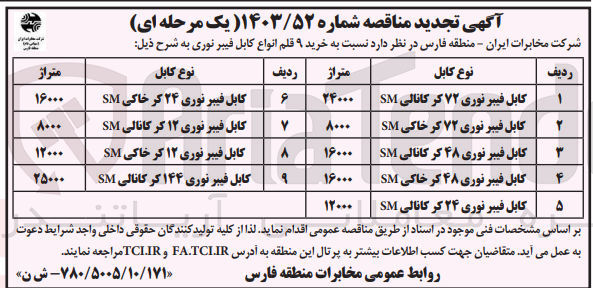 تصویر کوچک آگهی  خرید ۹ قلم انواع کابل فیبر نوری :
کابل فیبر نوری ۷۲ کر کانالی SM
کابل فیبر نوری ۷۲ کر خاکی SM
کابل فیبر نوری ۴۸ کر کانالی SM
کابل فیبر نوری ۴۸ کر خاکی SM
کابل فیبر نوری ۲۴ کر کانالی SM
کابل فیبر نوری ۲۴ کر خاکی SM
کابل فیبر نوری ۱۲ کر کانالی SM
کابل فیبر نوری ۱۲ کر خاکی SM
کابل فیبر نوری ۱۴۴ کر کانالی SM