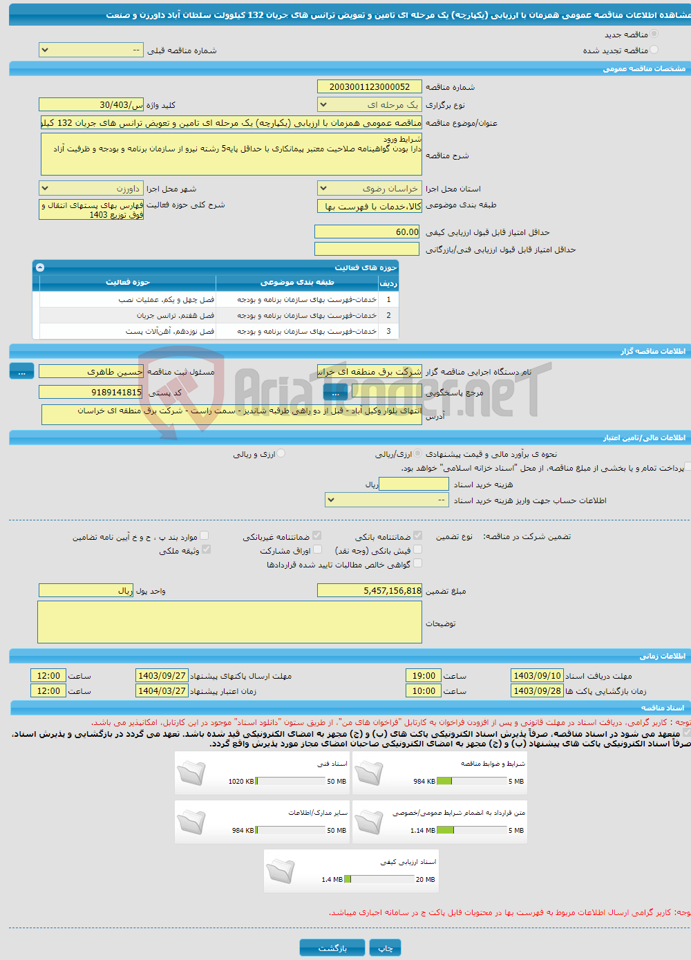 تصویر کوچک آگهی مناقصه عمومی همزمان با ارزیابی (یکپارچه) یک مرحله ای تامین و تعویض ترانس های جریان 132 کیلوولت سلطان آباد داورزن و صنعت