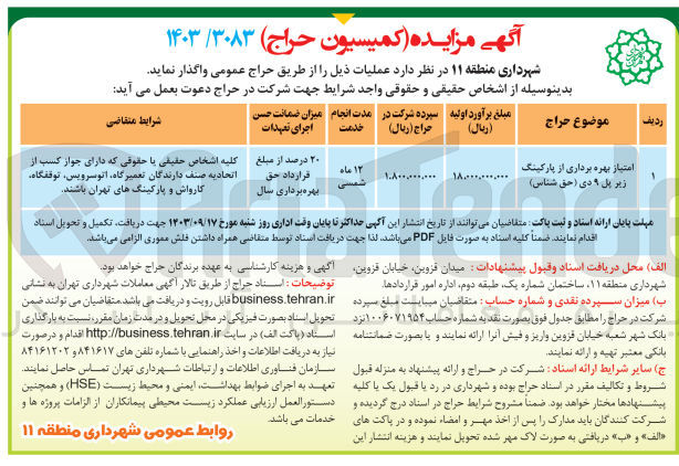 تصویر کوچک آگهی امتیاز بهره برداری از پارکینگ زیر پل 9 دی (حق شناس )