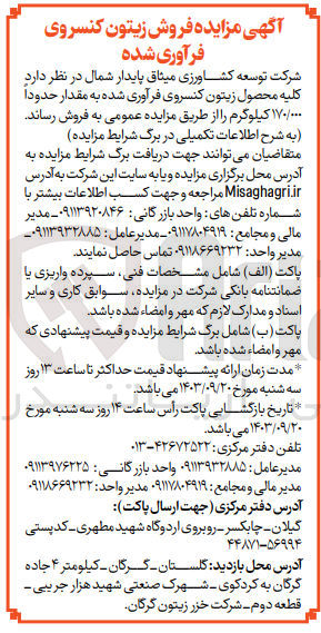 تصویر کوچک آگهی فروش مقدار حدود 170/000  کیلوگرم زیتون کنسروی فرآوری شده 