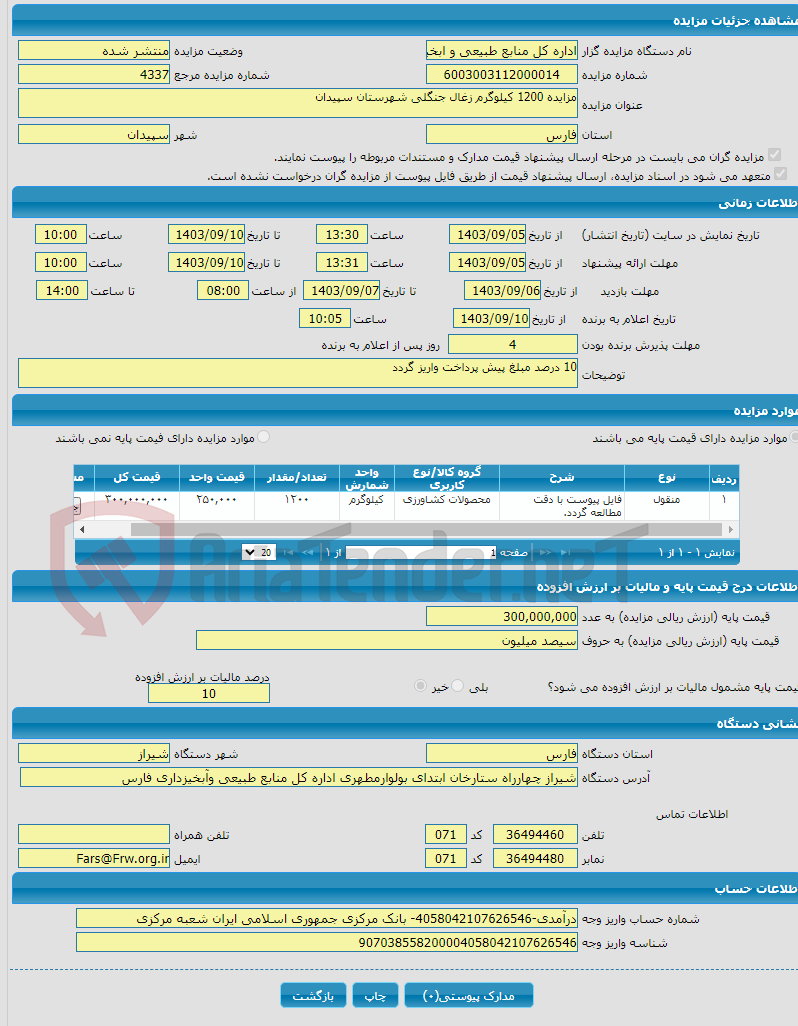 تصویر کوچک آگهی مزایده 1200 کیلوگرم زغال جنگلی شهرستان سپیدان