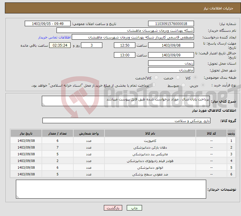 تصویر کوچک آگهی نیاز انتخاب تامین کننده-پرداخت پایان سال . موراد درخواست شده طبق فایل پیوست میباشد 