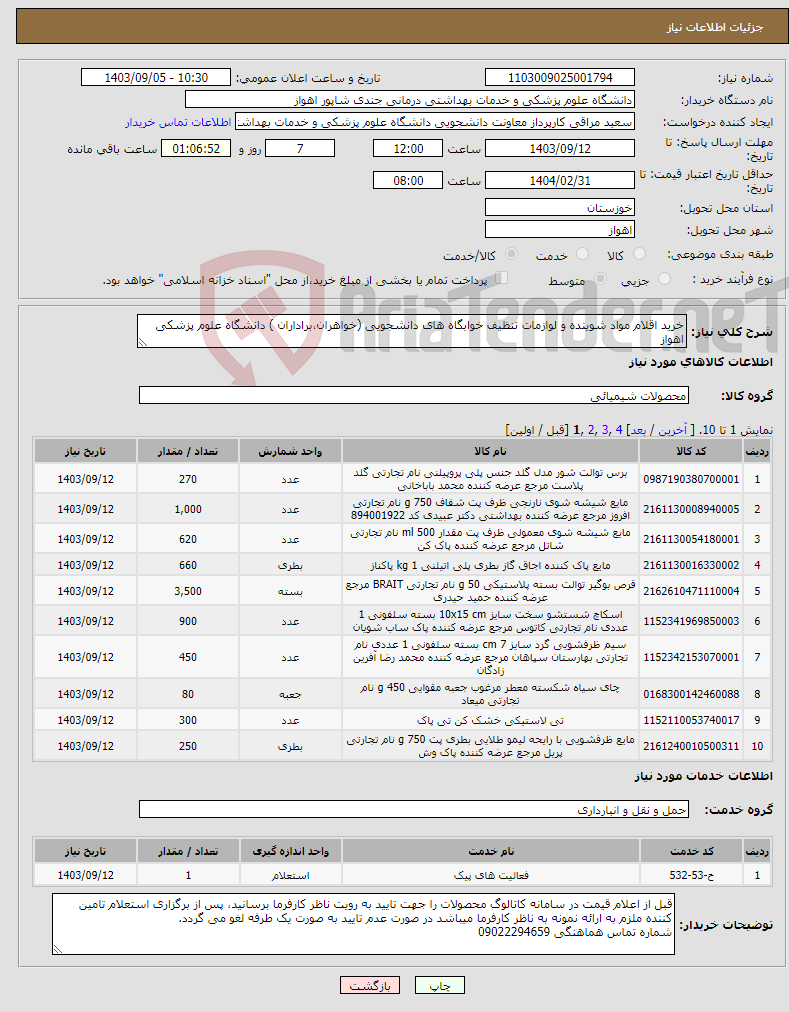 تصویر کوچک آگهی نیاز انتخاب تامین کننده-خرید اقلام مواد شوینده و لوازمات تنظیف خوابگاه های دانشجویی (خواهران،براداران ) دانشگاه علوم پزشکی اهواز