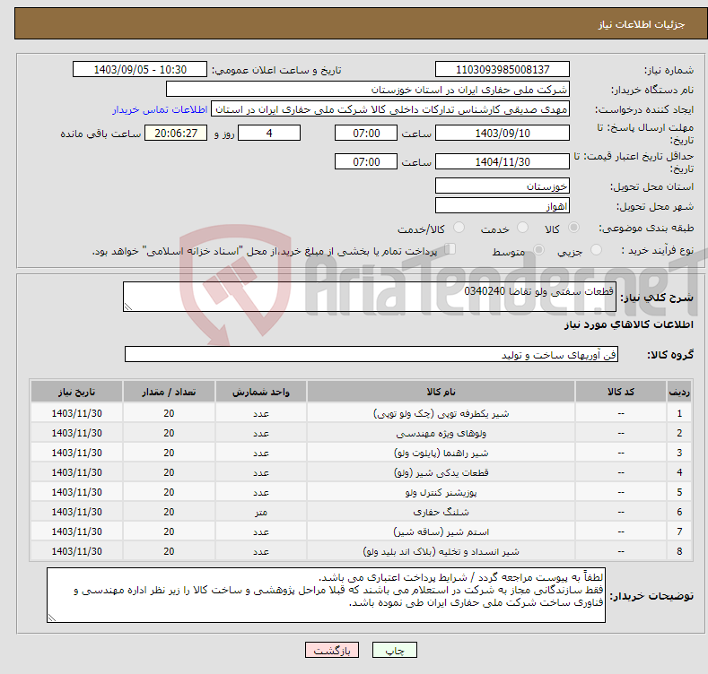 تصویر کوچک آگهی نیاز انتخاب تامین کننده-قطعات سفتی ولو تقاضا 0340240