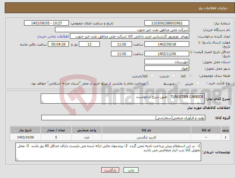 تصویر کوچک آگهی نیاز انتخاب تامین کننده-TUNGSTEN CARBIDE طبق شرح درخواست 