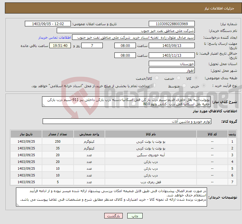 تصویر کوچک آگهی نیاز انتخاب تامین کننده-یوبولت-آینه بغل خاوری قدیم-سیم درب باز کن قفل اسکانیا-دسته درب بازکن داخلی بنز 911-سیم درب بازکن جعبه بغل اسکانیا قفل درب کتابی ولوو N10