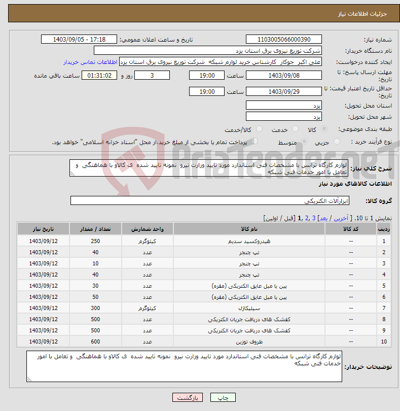 تصویر کوچک آگهی نیاز انتخاب تامین کننده-لوازم کارگاه ترانس با مشخصات فنی استاندارد مورد تایید وزارت نیرو نمونه تایید شده ی کالاو با هماهنگی و تعامل با امور خدمات فنی شبکه