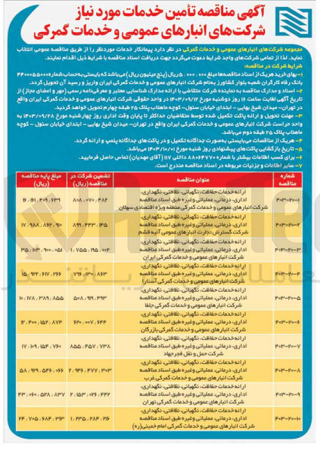 تصویر کوچک آگهی ارائه خدمات حفاظت ،نگهبانی ،نظافتی ،نگهداری ،اداری ،درمانی ،عملیاتی و غیره شرکت انبار های عمومی و خدمات گمرکی منطقه ویژه اقتصادی سهنان 