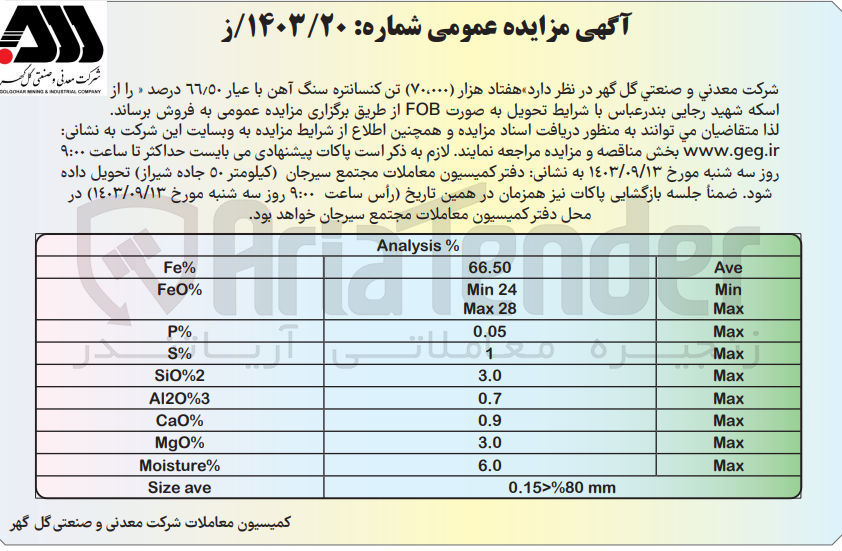 تصویر کوچک آگهی فروش هفتاد هزار تن کنسانتره سنگ آهن با عیار 66/50 درصد 