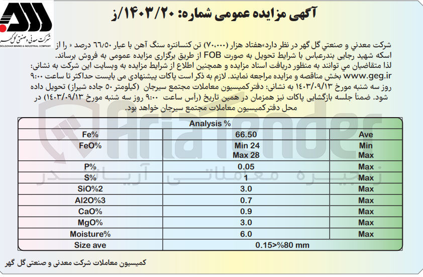 تصویر کوچک آگهی فروش 70 هزار تن کنسانتره نگ آهن با عیار 66.5 درصد از اسکله شهید رجایی بندر عباس 