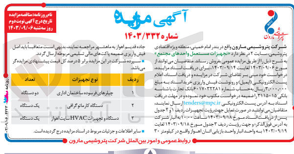 تصویر کوچک آگهی فروش  تجهیزات مستعمل واحد های مجتمع :
چیلرهای فرسوده ساختمان اداری 
دستگاه کارماتوگرافی 
دستگاه و تجهیزات hvac سایت اهواز 