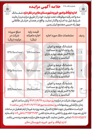 تصویر کوچک آگهی اجاره ششدانگ سه واحد رقبه موقوفات تحت تولیت