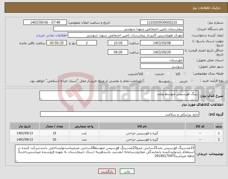 تصویر کوچک آگهی نیاز انتخاب تامین کننده-رینگ فورسپس متوسط وبلند