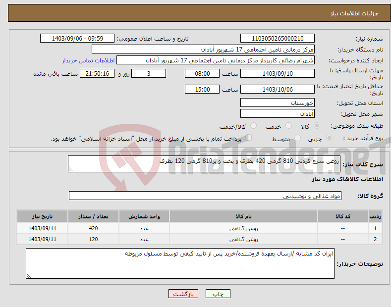 تصویر کوچک آگهی نیاز انتخاب تامین کننده-روغن سرخ کردنی 810 گرمی 420 بطری و پخت و پز810 گرمی 120 بطری