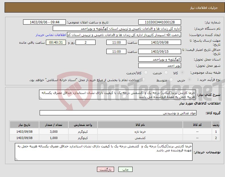 تصویر کوچک آگهی نیاز انتخاب تامین کننده-خرما کارتنی برند(کبکاب) درجه یک و کشمش درجه یک با کیفیت دارای نشان استاندارد حداقل مصرف یکساله هزینه حمل به عهده فروشنده می باشد