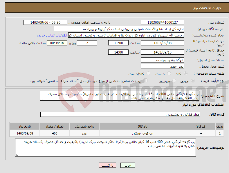 تصویر کوچک آگهی نیاز انتخاب تامین کننده-رب گوجه فرنگی خاص 400حلب 16 کیلو خالص برند(فردا- ذاکر-طبیعت-تبرک-ادرینا) باکیفیت و حداقل مصرف یکساله هزینه حمل به عهده فروشنده می باشد 