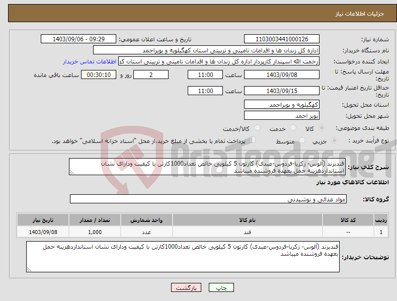 تصویر کوچک آگهی نیاز انتخاب تامین کننده-قندبرند (آلوس- زکریا-فردوس-عبدی) کارتون 5 کیلویی خالص تعداد1000کارتن با کیفیت ودارای نشان استانداردهزینه حمل بعهده فروشنده میباشد