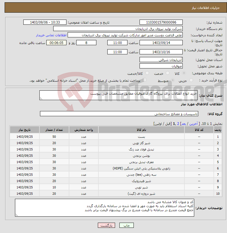 تصویر کوچک آگهی نیاز انتخاب تامین کننده-خرید انواع اتصالات برای نیروگاه گازی صوفیان مطابق مشخصات فنی پیوست