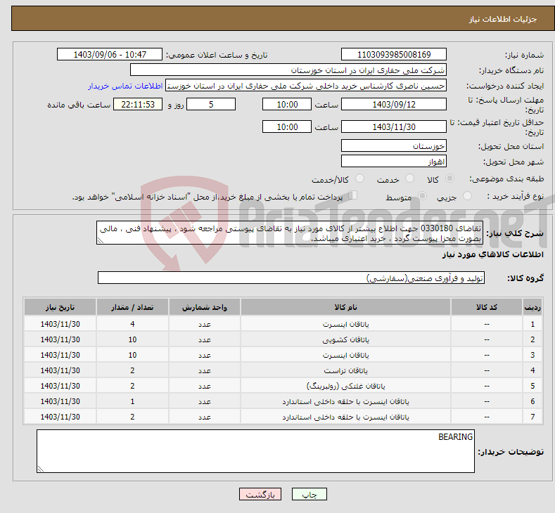 تصویر کوچک آگهی نیاز انتخاب تامین کننده-تقاضای 0330180 جهت اطلاع بیشتر از کالای مورد نیاز به تقاضای پیوستی مراجعه شود ، پیشنهاد فنی ، مالی بصورت مجزا پیوست گردد ، خرید اعتباری میباشد.